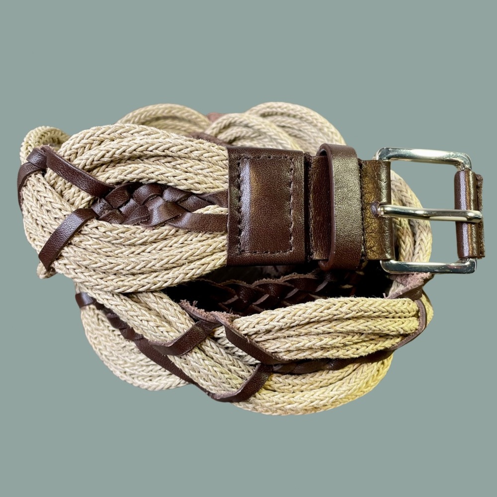 Talbots M Leather Linen Cotton Braided Belt Natural Brown Woven